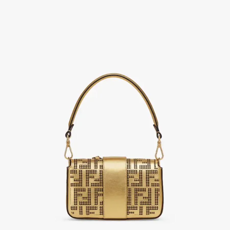 Brooch mini baguette �C Fendace bag in gold perforated leather