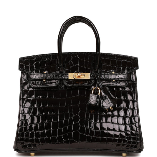 H Birkin 25 Black Shiny Niloticus Crocodile Gold Hardware
