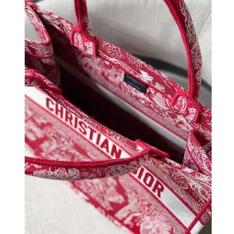 CD Unisex Medium Book Tote Burgundy Toile De Jouy Stripes Embroidery