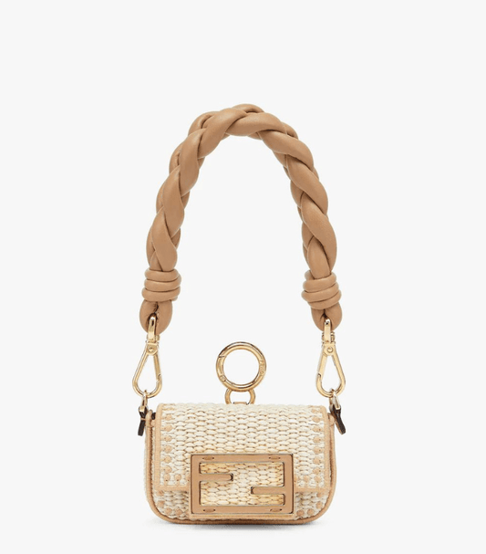 Fd Nano Baguette Charm �C Beige and brown raffia charm