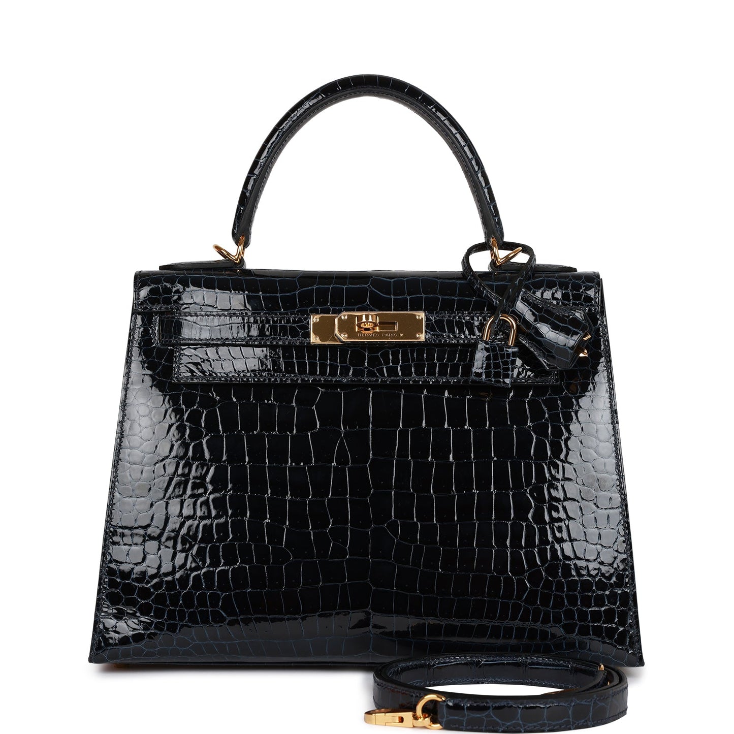 H Kelly Sellier 28 Bleu Baltique Shiny Porosus Crocodile Gold Hardware