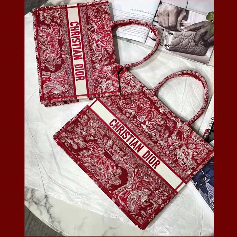 CD Unisex Medium Book Tote Burgundy Toile De Jouy Stripes Embroidery