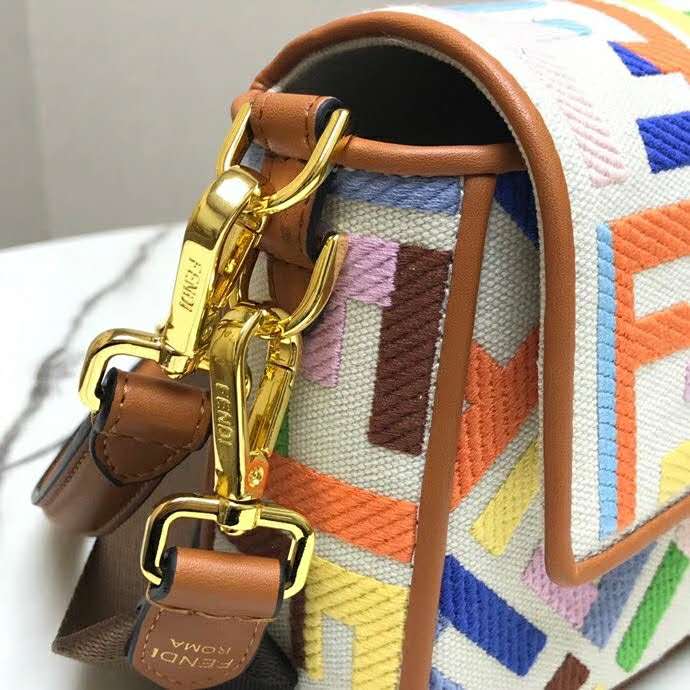 Fd Women Iconic Baguette Medium Size FF Beige Canvas Bag