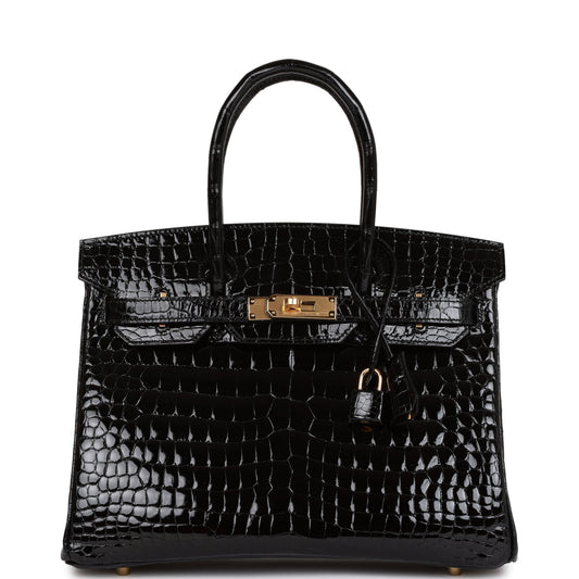 H Birkin 30 Black Shiny Niloticus Crocodile Gold Hardware
