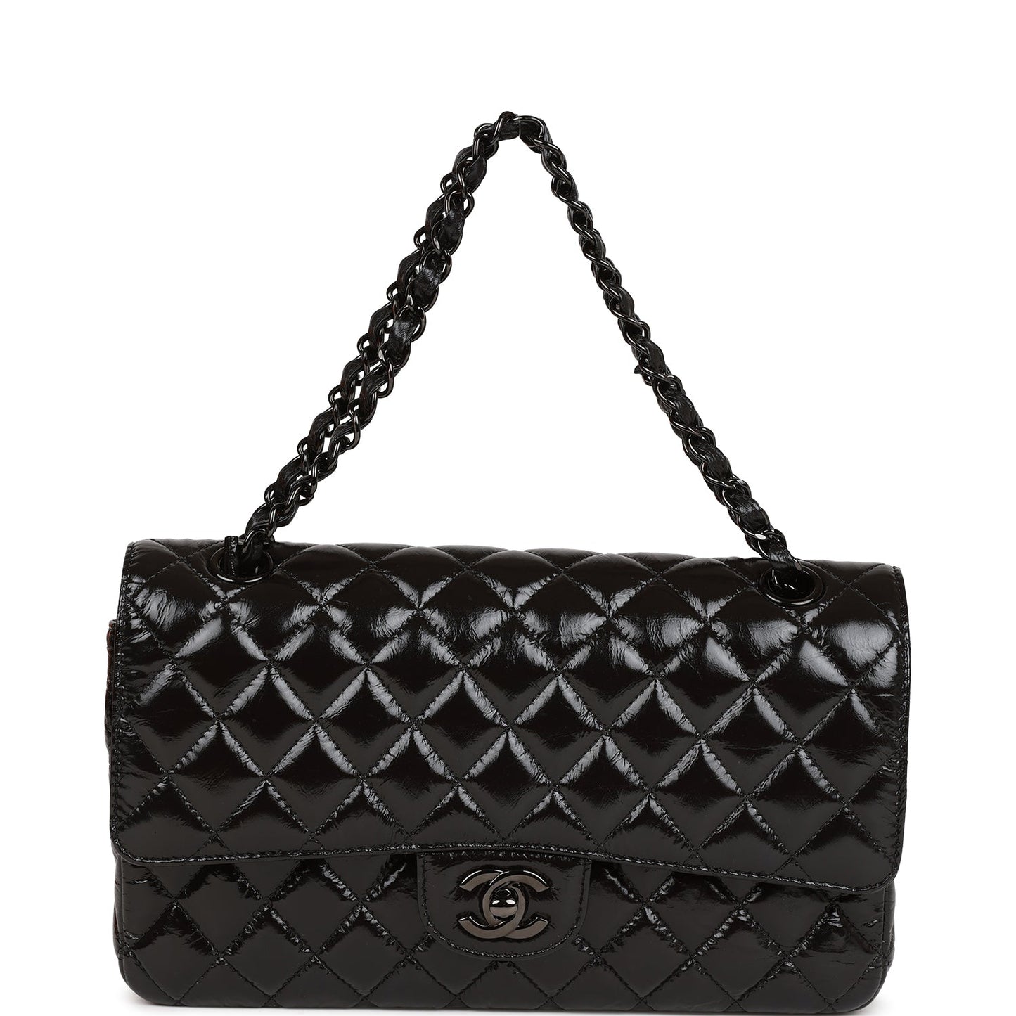 CC Medium Classic Double Flap Bag SO Black Crumpled Calfskin Black Hardware
