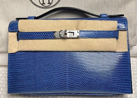 H Kelly Pochette Bleu Saphir Lizard Palladium Hardware - DP for HR