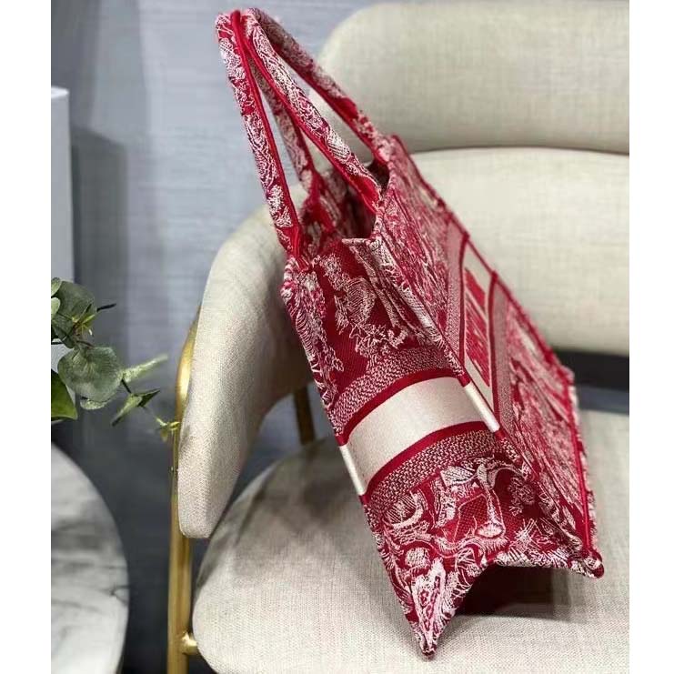 CD Unisex Medium Book Tote Burgundy Toile De Jouy Stripes Embroidery