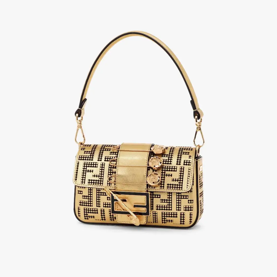 Brooch mini baguette �C Fendace bag in gold perforated leather
