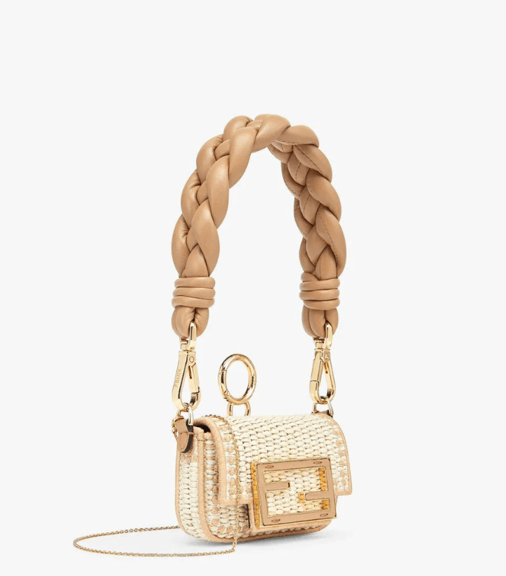 Fd Nano Baguette Charm �C Beige and brown raffia charm