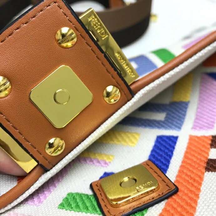 Fd Women Iconic Baguette Medium Size FF Beige Canvas Bag