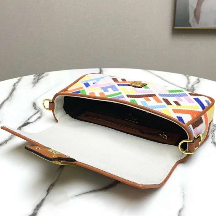 Fd Women Iconic Baguette Medium Size FF Beige Canvas Bag