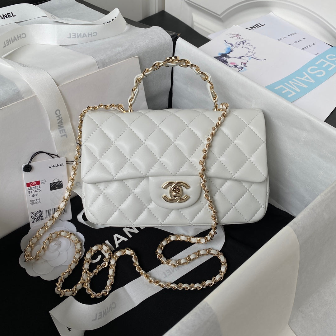 cc 23K AS2431 Mini flap Lambskin bag with top handle Black/white