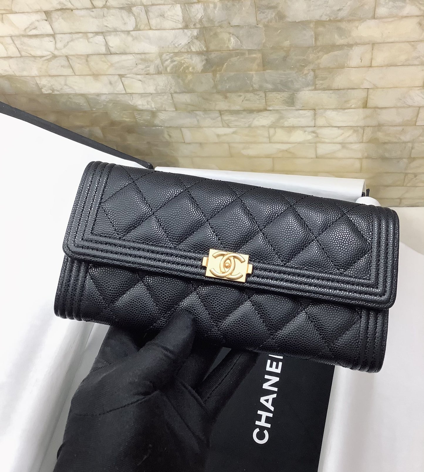 cc CO-CO Long Flap Wallet 19.5cm/7.7in Gold Hardware For Women Black