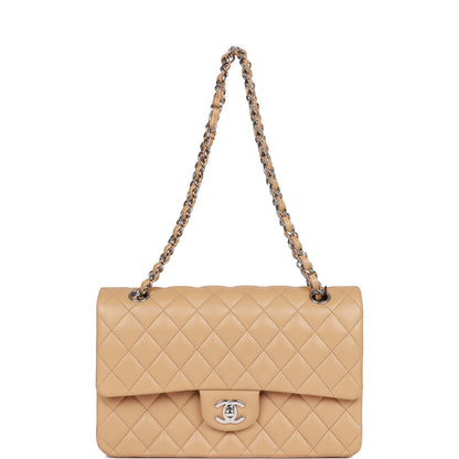 CC Medium Classic Double Flap Bag Beige Lambskin Silver Hardware