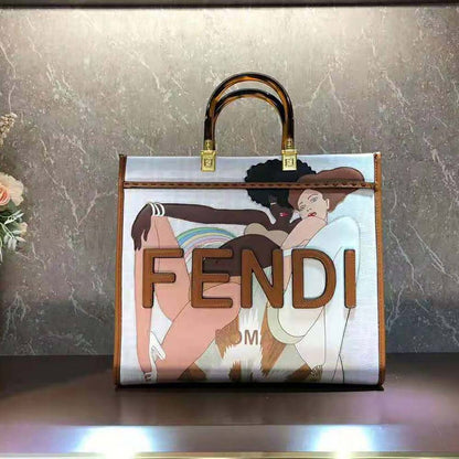 Fd Women Sunshine Medium FF white Glazed Fabric Shopper with Inlay