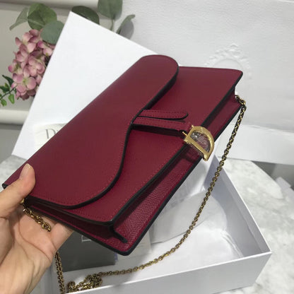D Bordeaux Calskin Saddle Chain Clutch