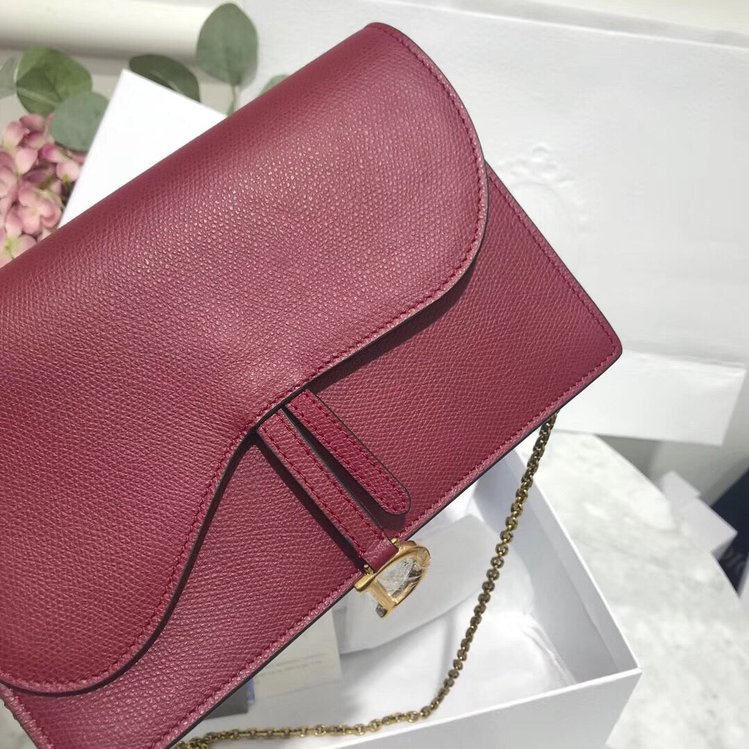 D Bordeaux Calskin Saddle Chain Clutch
