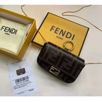 Fd Women Nano Baguette Charm Brown Fabric Charm Jacquard FF
