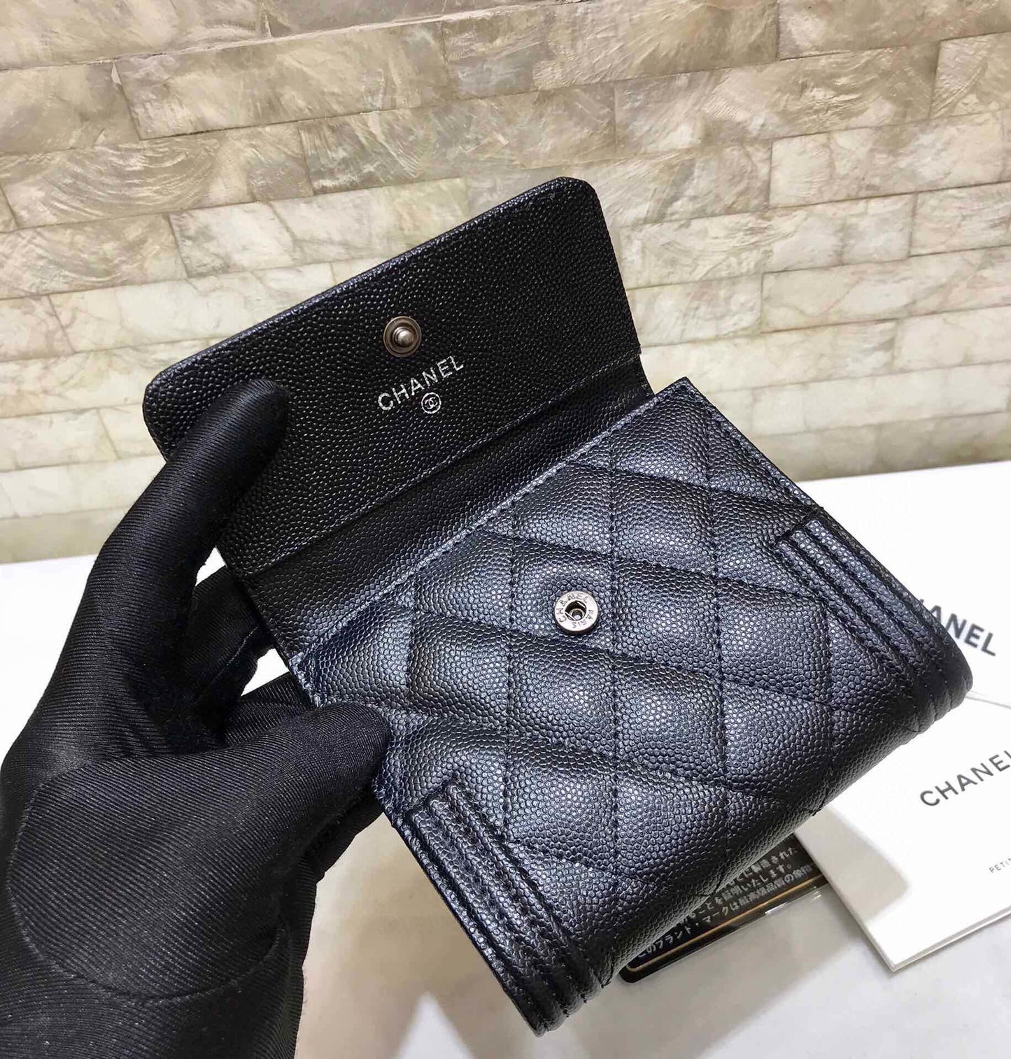 cc CO-CO Flap Card Holder Wallet 11.5cm/7.4in Silver Hardware For Women Black