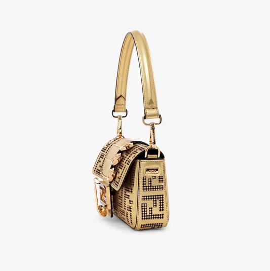Brooch mini baguette �C Fendace bag in gold perforated leather