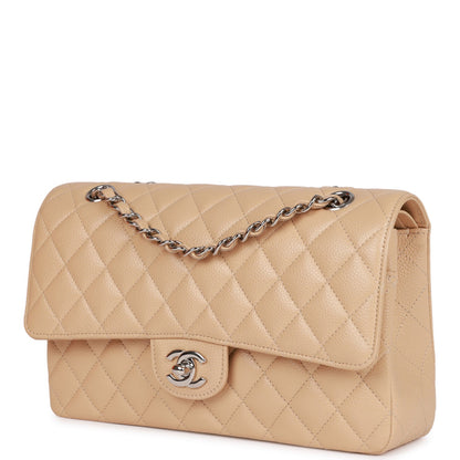 CC Medium Classic Double Flap Bag Beige Caviar Silver Hardware