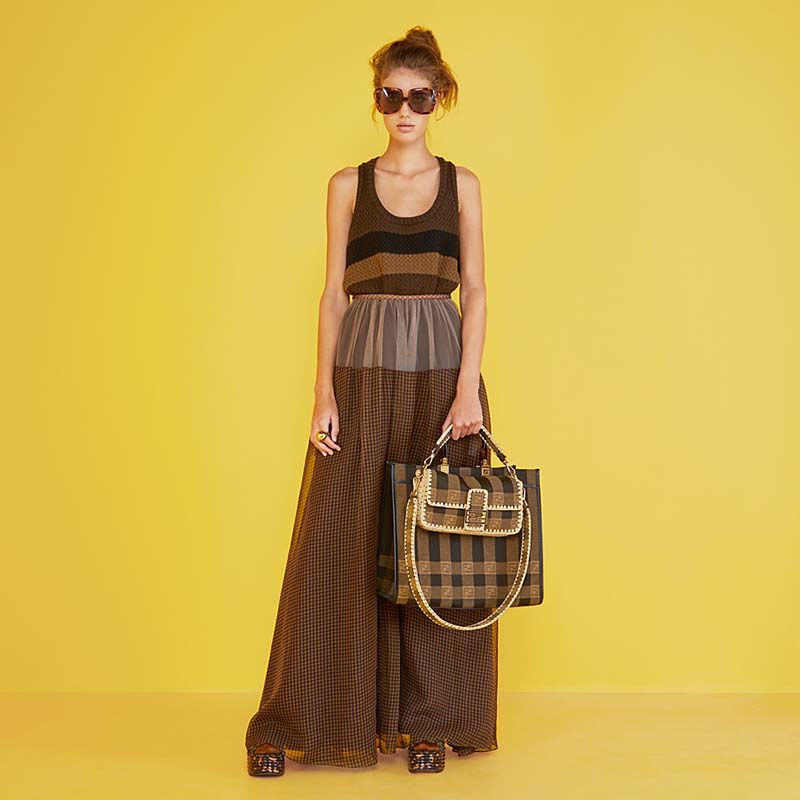 Fd Women Baguette Bag Medium Size Brown Fabric Bag FF
