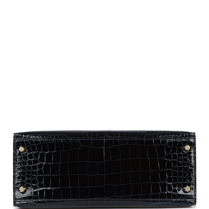 H Kelly Sellier 28 Bleu Baltique Shiny Porosus Crocodile Gold Hardware