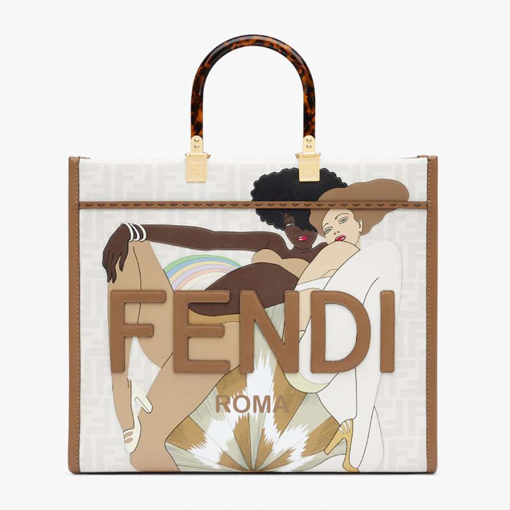 Fd Women Sunshine Medium FF white Glazed Fabric Shopper with Inlay