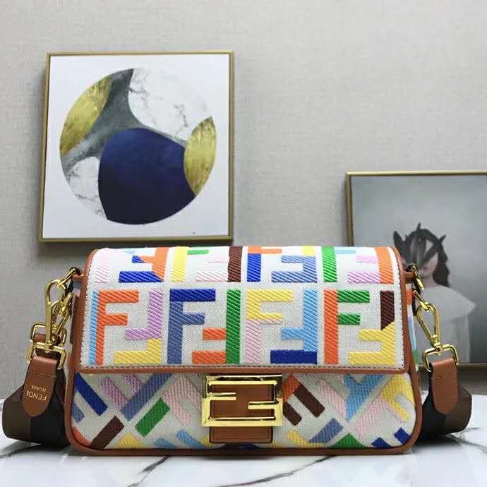 Fd Women Iconic Baguette Medium Size FF Beige Canvas Bag