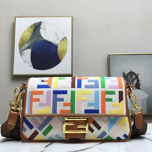 Fd Women Iconic Baguette Medium Size FF Beige Canvas Bag