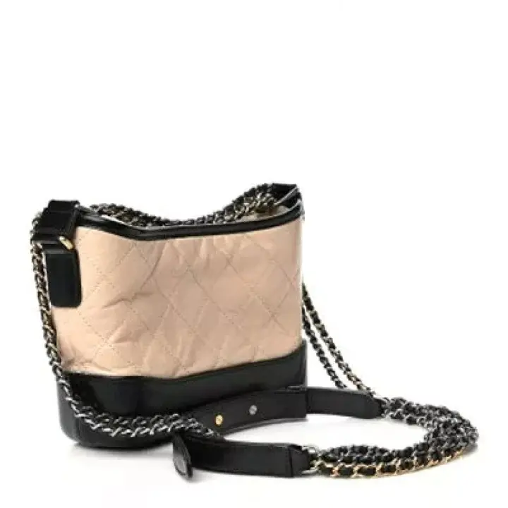 CC Aged Calfskin Quilted Small Gabrielle Hobo Beige Black