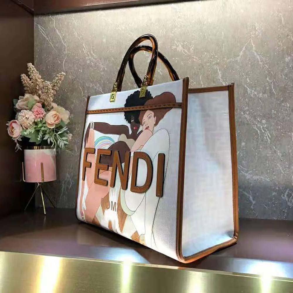 Fd Women Sunshine Medium FF white Glazed Fabric Shopper with Inlay