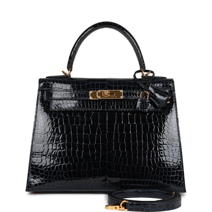 H Kelly Sellier 28 Bleu Baltique Shiny Porosus Crocodile Gold Hardware