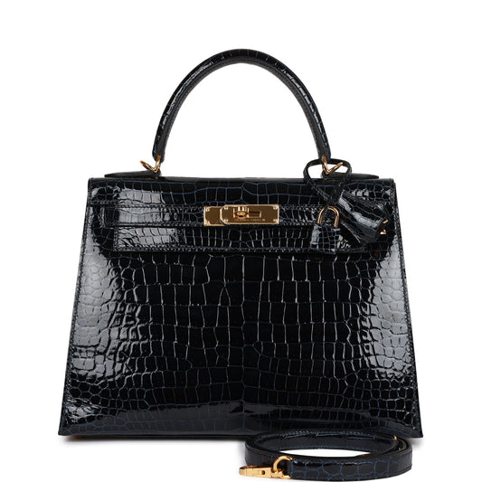 H Kelly Sellier 28 Bleu Baltique Shiny Porosus Crocodile Gold Hardware