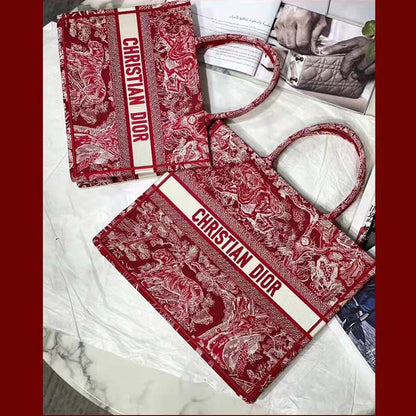 CD Unisex Medium Book Tote Burgundy Toile De Jouy Stripes Embroidery