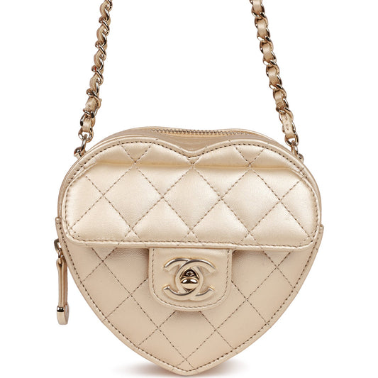 CC In Love Heart Clutch with Chain Gold Lambskin Light Gold