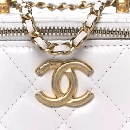 CC Calfskin Quilted Mini Perfect Fit Vanity Case With Chain White