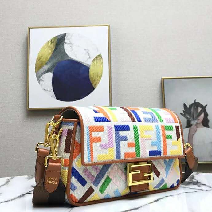Fd Women Iconic Baguette Medium Size FF Beige Canvas Bag