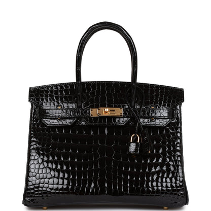 H Birkin 30 Black Shiny Niloticus Crocodile Gold Hardware