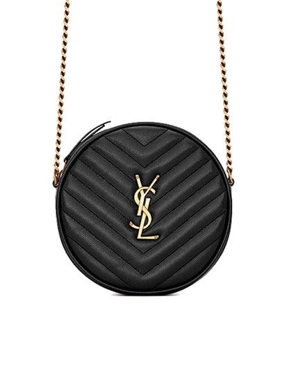 Y Vinyle Round Camera Bag in Chevron-Quilted Grain de Poudre Embossed Leather