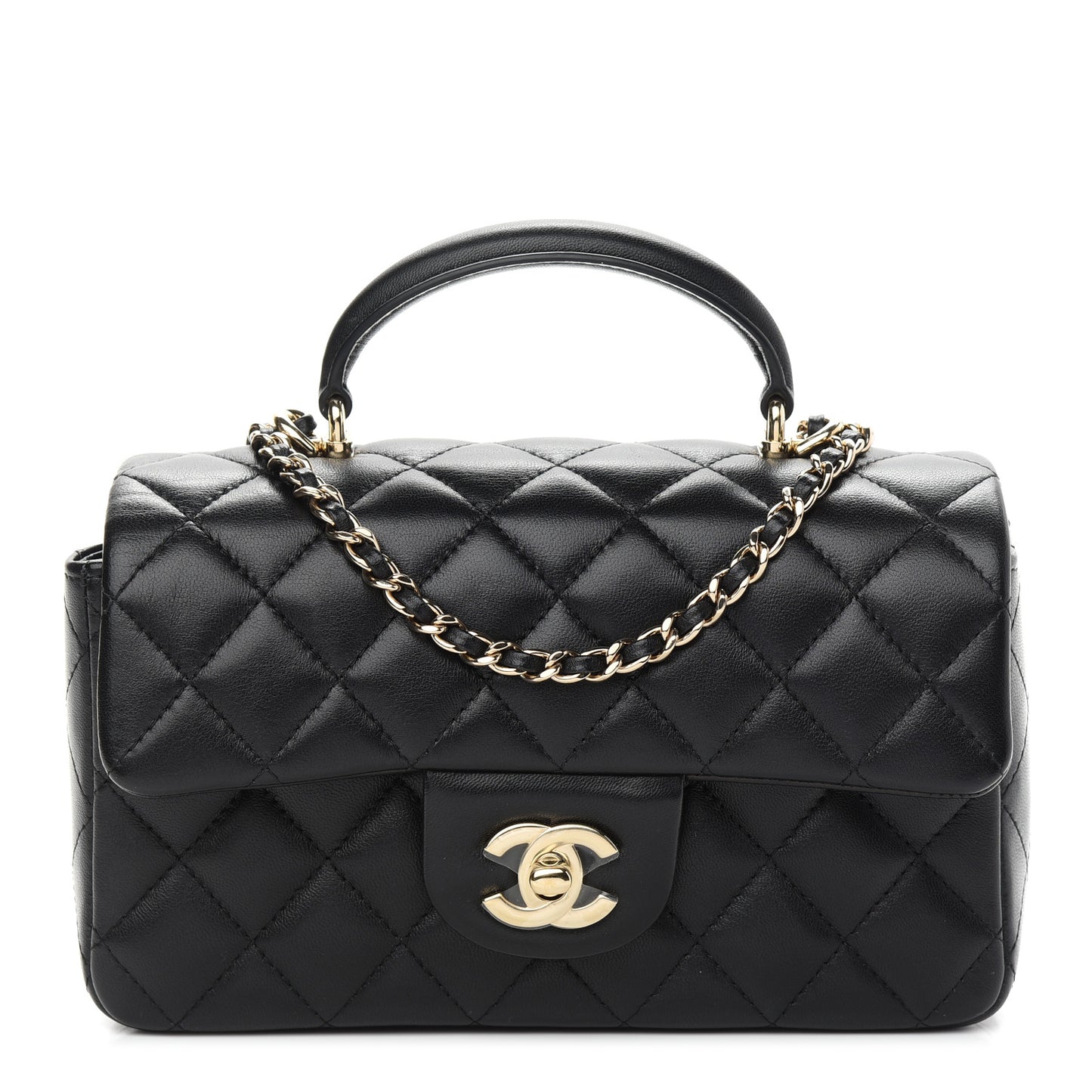 CC Lambskin Quilted Mini Top Handle Rectangular Flap in Black