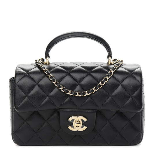 CC Lambskin Quilted Mini Top Handle Rectangular Flap in Black