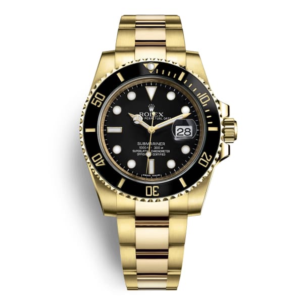Rlx Submariner Black Dial Oyster Bracelet 18k Yellow Gold Mens Watch 116618LN