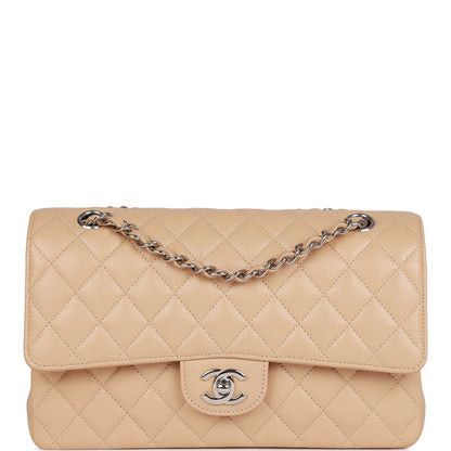 CC Medium Classic Double Flap Bag Beige Caviar Silver Hardware