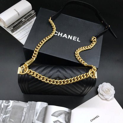 CC 25.5cm Boy Handbag Black Grained Calfskin Gold Tone Metal Caviar leather