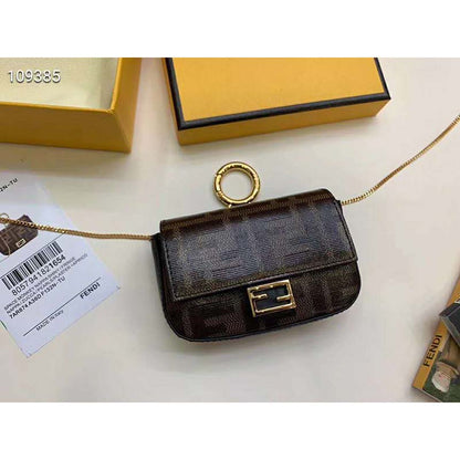 Fd Women Nano Baguette Charm Brown Fabric Charm Jacquard FF