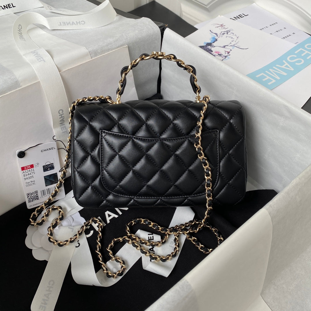 cc 23K AS2431 Mini flap Lambskin bag with top handle Black/white