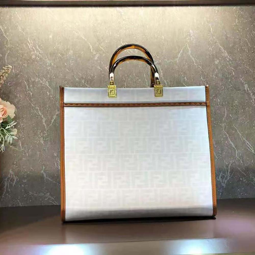 Fd Women Sunshine Medium FF white Glazed Fabric Shopper with Inlay