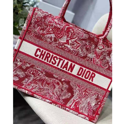 CD Unisex Medium Book Tote Burgundy Toile De Jouy Stripes Embroidery